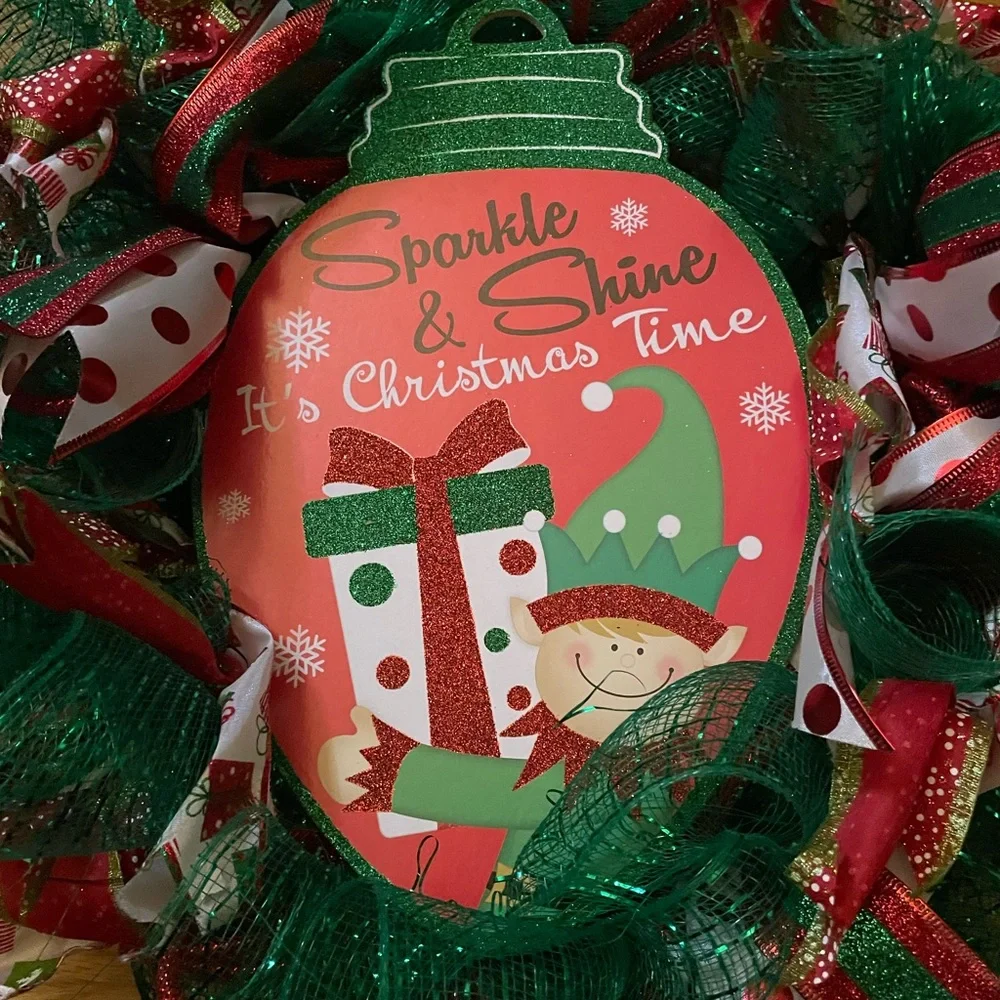 EUC Ribbon Designed Christmas Wreath with Wood Sign